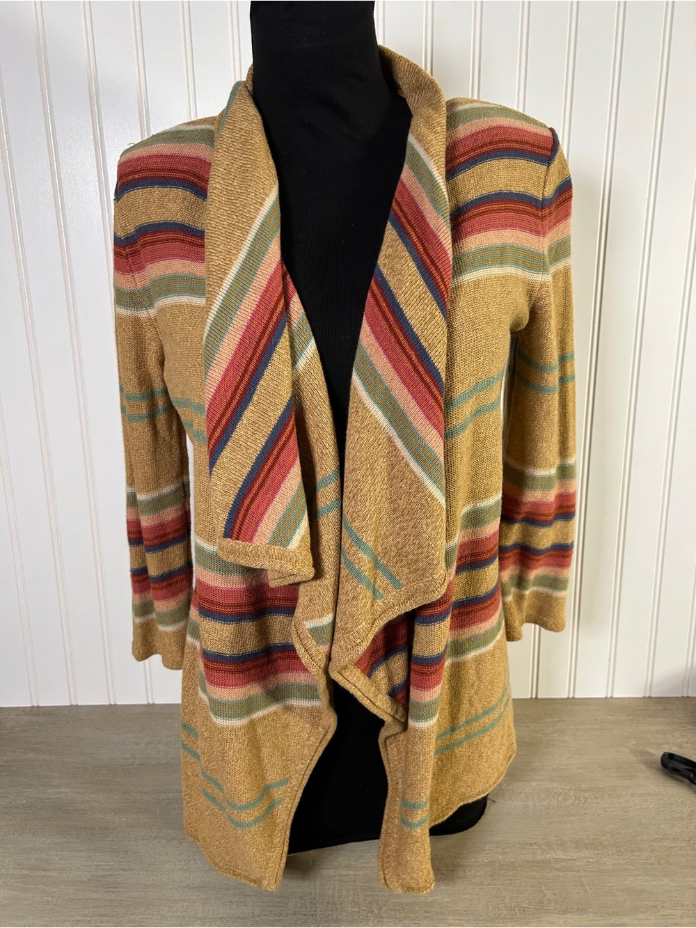 American Living Multistripe Mustard Open-Front Cardigan